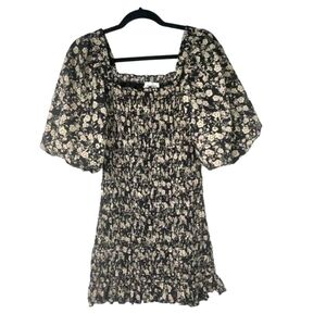 &MERCI Puffed Sleeved Square Neck Smocked Cocktail Dress Black Cream NWOT